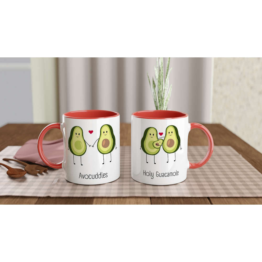 Avocuddles, Holy Guacamole - White 11oz Ceramic Mug with Colour Inside ceramic red Colour 11oz Mug Globally Fulfilled Love