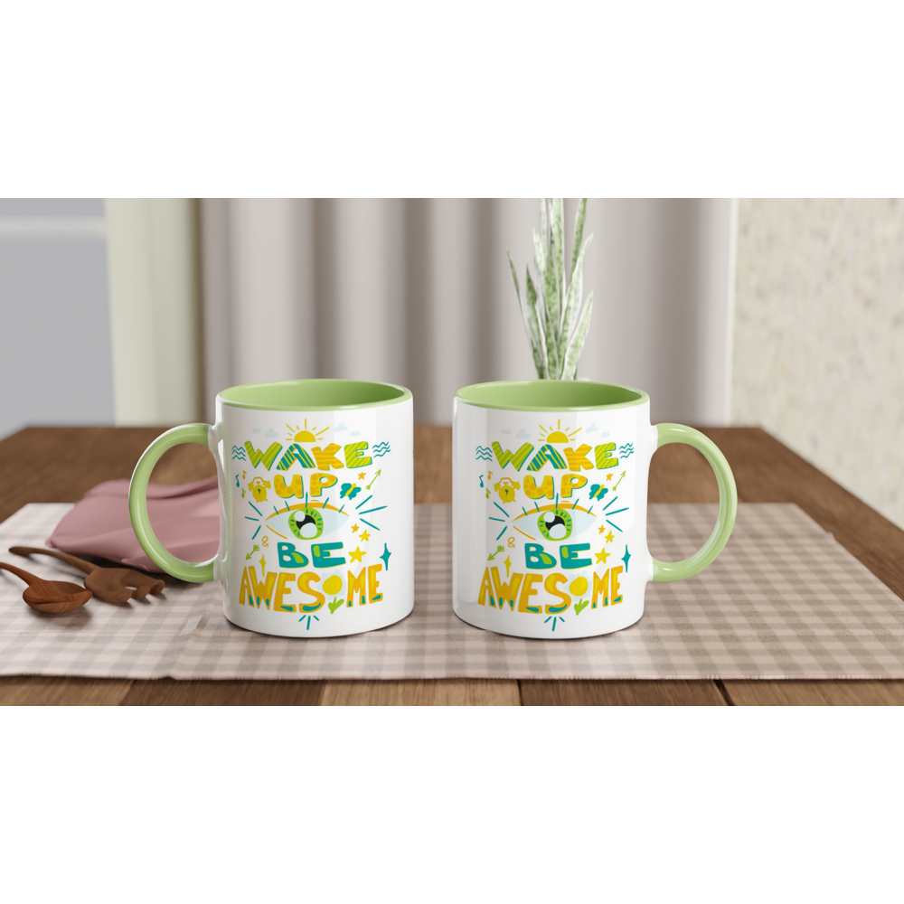 Wake Up And Be Awesome - White 11oz Ceramic Mug with Colour Inside Colour 11oz Mug Globally Fulfilled Motivation