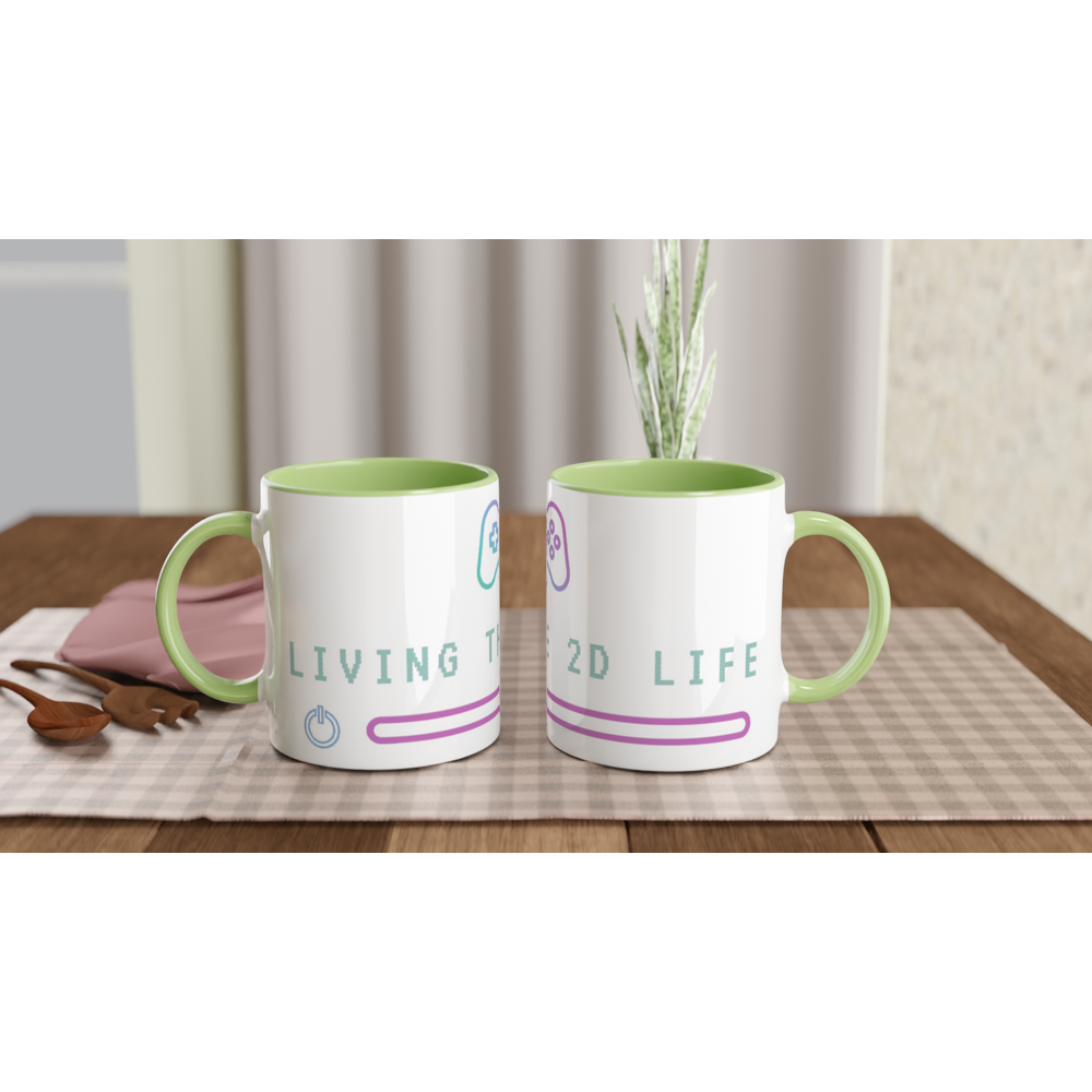 Living The 2D Life White 11oz Ceramic Mug with Colour Inside ceramic green Colour 11oz Mug Games Globally Fulfilled Tech