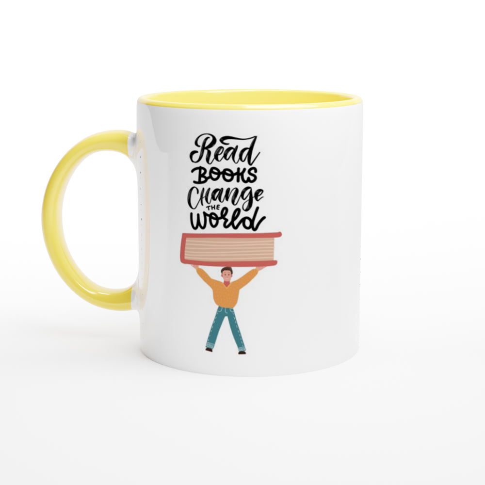 Read Books, Change The World - White 11oz Ceramic Mug with Colour Inside ceramic yellow Colour 11oz Mug Globally Fulfilled Reading