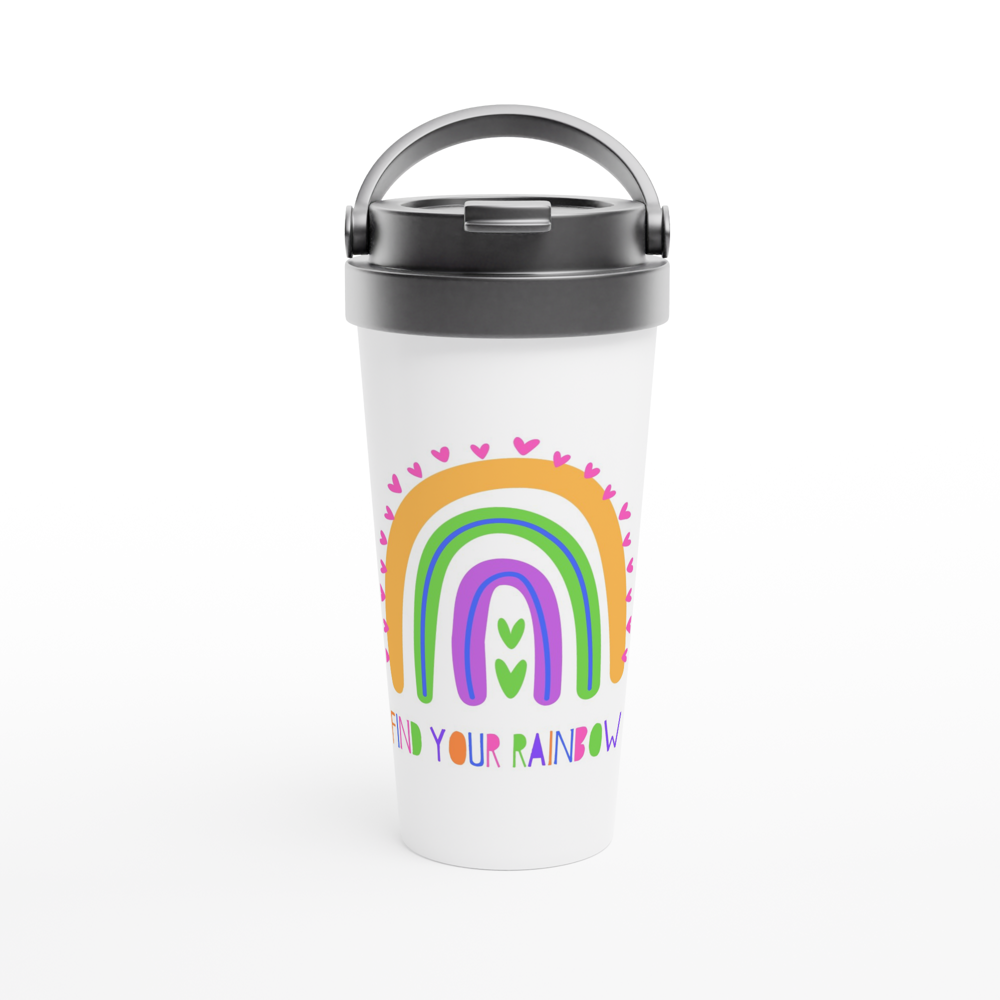 Find Your Rainbow - White 15oz Stainless Steel Travel Mug Travel Mug Globally Fulfilled Motivation