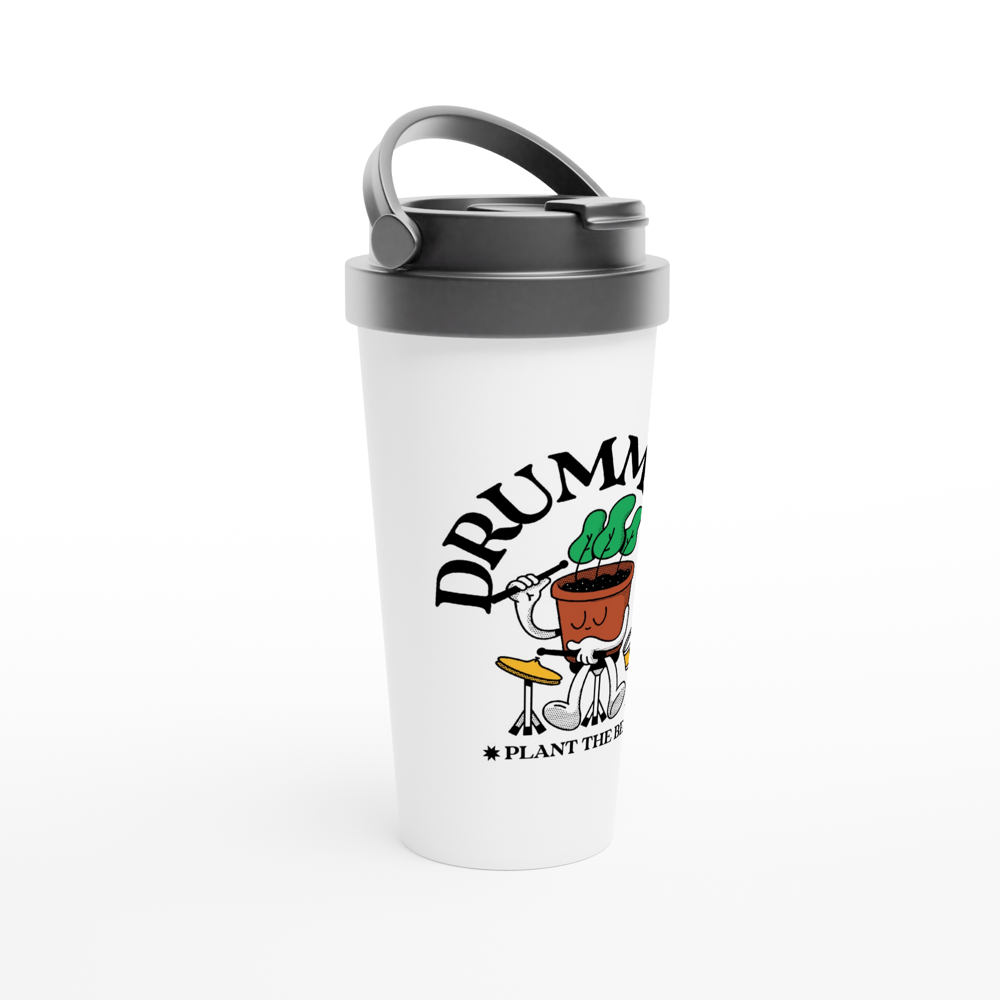 Drummers - White 15oz Stainless Steel Travel Mug Travel Mug Globally Fulfilled Music Plants