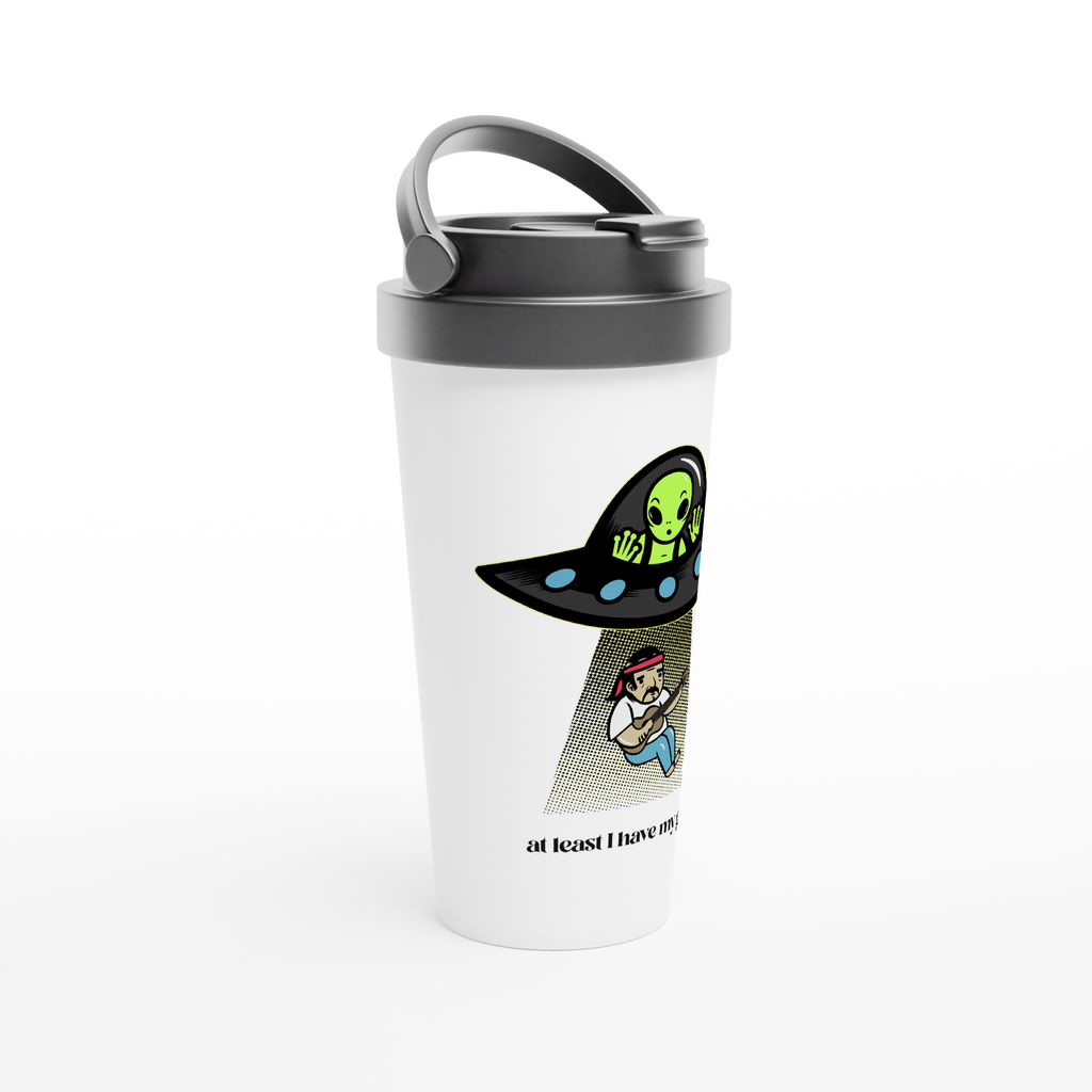 Guitarist Alien Abduction - White 15oz Stainless Steel Travel Mug Travel Mug Globally Fulfilled Music Sci Fi