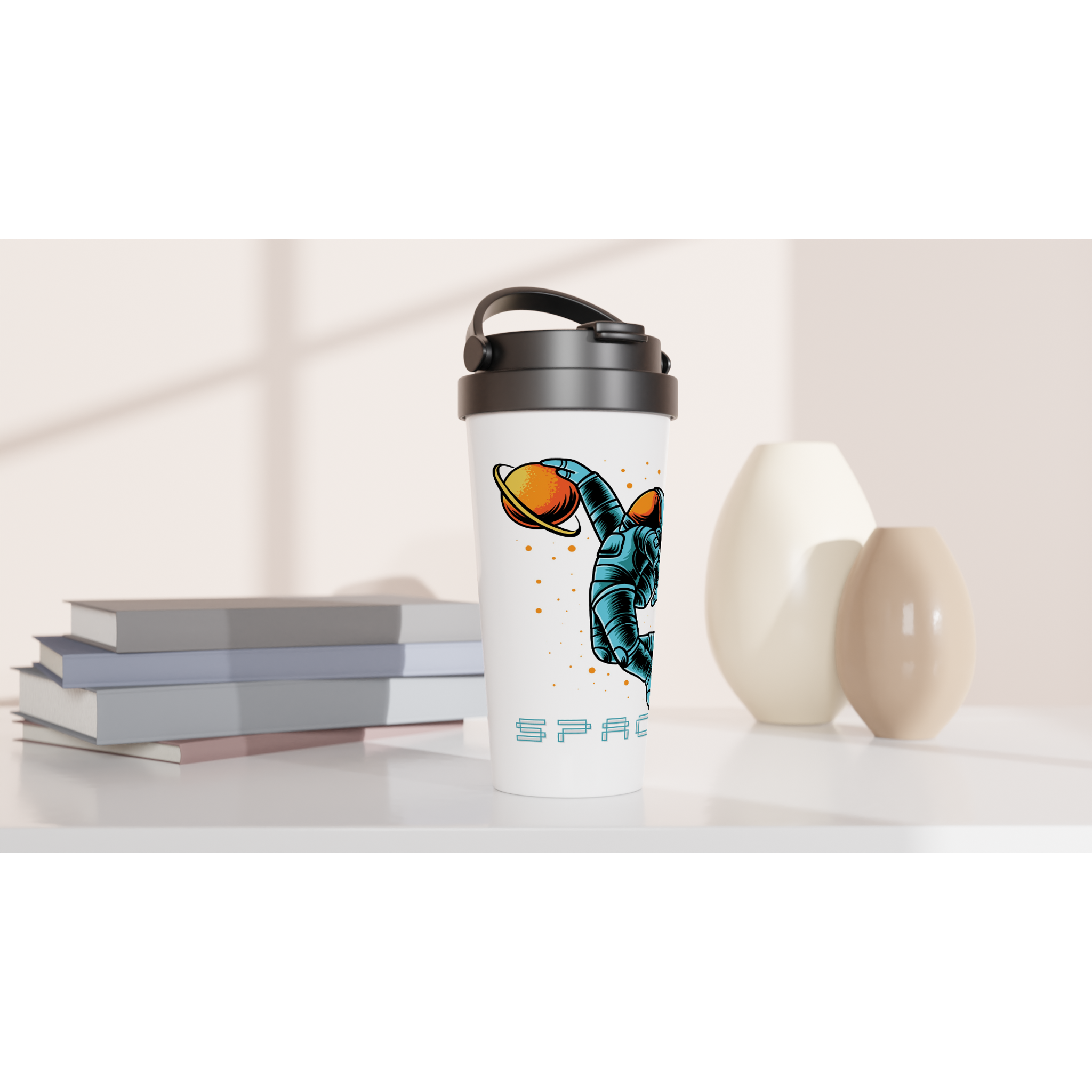 Astronaut Basketball - White 15oz Stainless Steel Travel Mug Travel Mug Globally Fulfilled Space