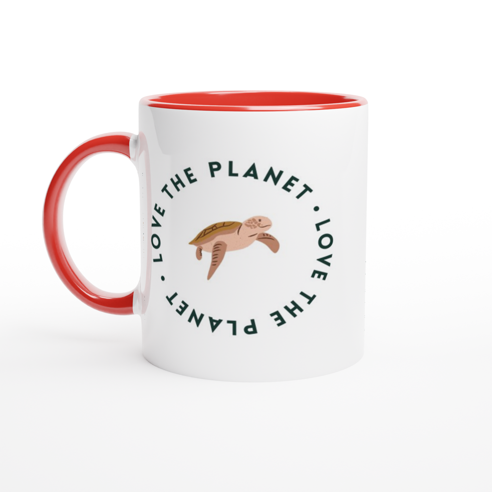 Love The Planet - White 11oz Ceramic Mug with Colour Inside ceramic red Colour 11oz Mug Environment Globally Fulfilled