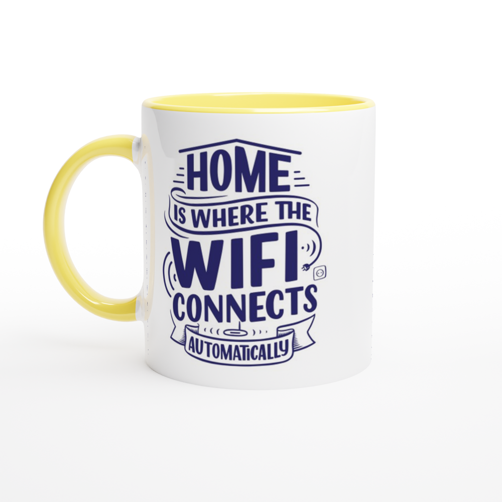 Home Is Where The WIFI Connects Automatically - White 11oz Ceramic Mug with Colour Inside ceramic yellow Colour 11oz Mug Globally Fulfilled Tech