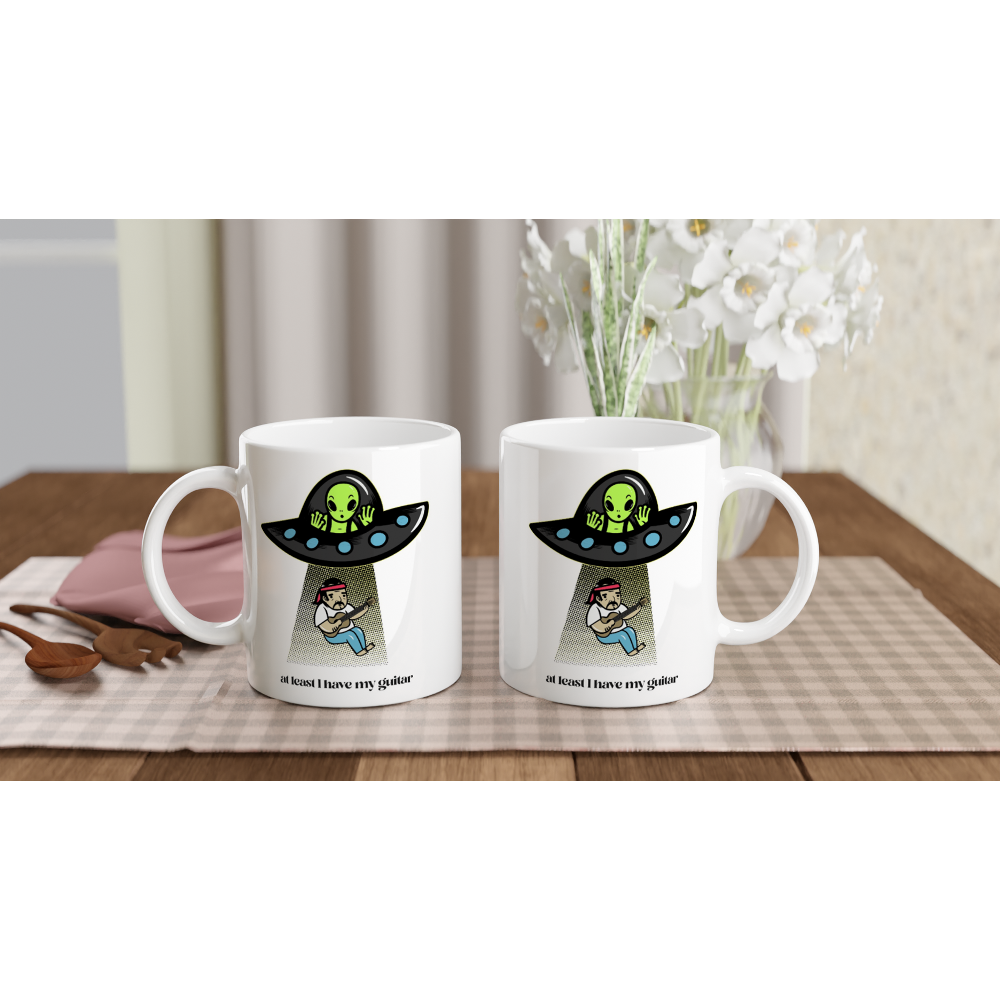 Guitarist Alien Abduction - White 11oz Ceramic Mug White 11oz Mug Globally Fulfilled Music Sci Fi