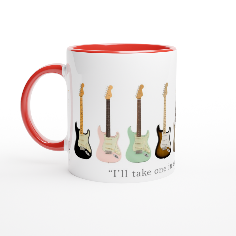 Guitars In Every Colour - White 11oz Ceramic Mug with Colour Inside ceramic red Colour 11oz Mug Globally Fulfilled Music