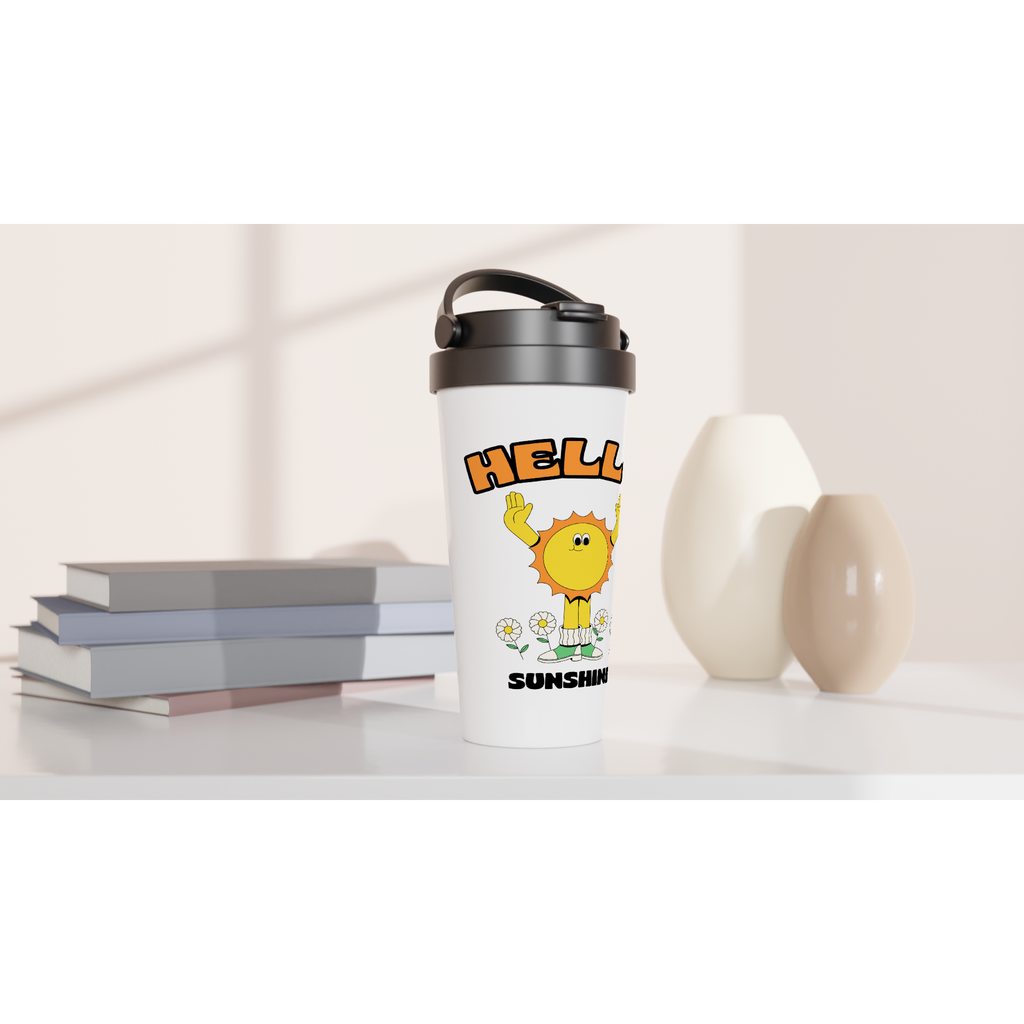 Hello Sunshine - White 15oz Stainless Steel Travel Mug Travel Mug Globally Fulfilled Retro Summer