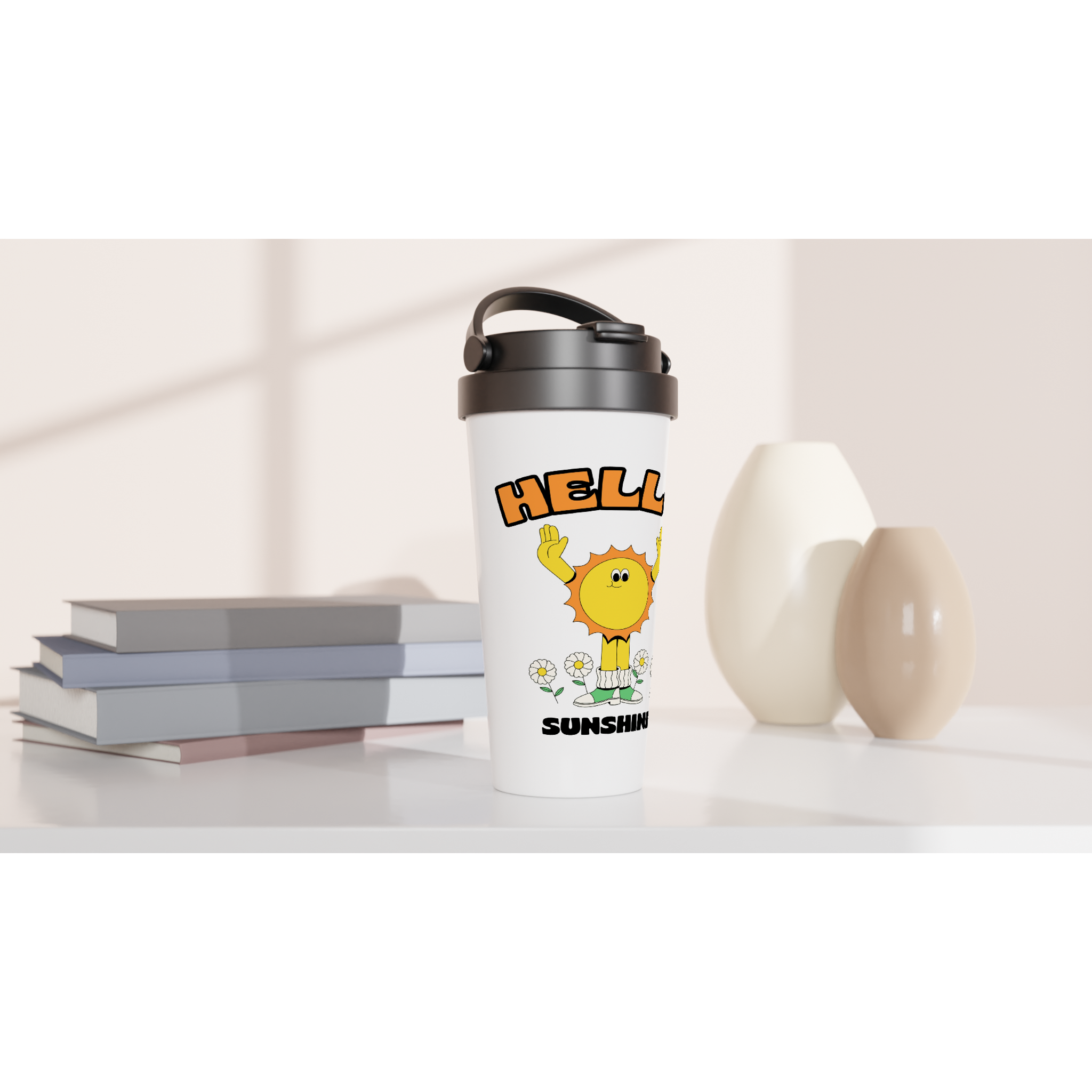 Hello Sunshine - White 15oz Stainless Steel Travel Mug Travel Mug Globally Fulfilled Retro Summer