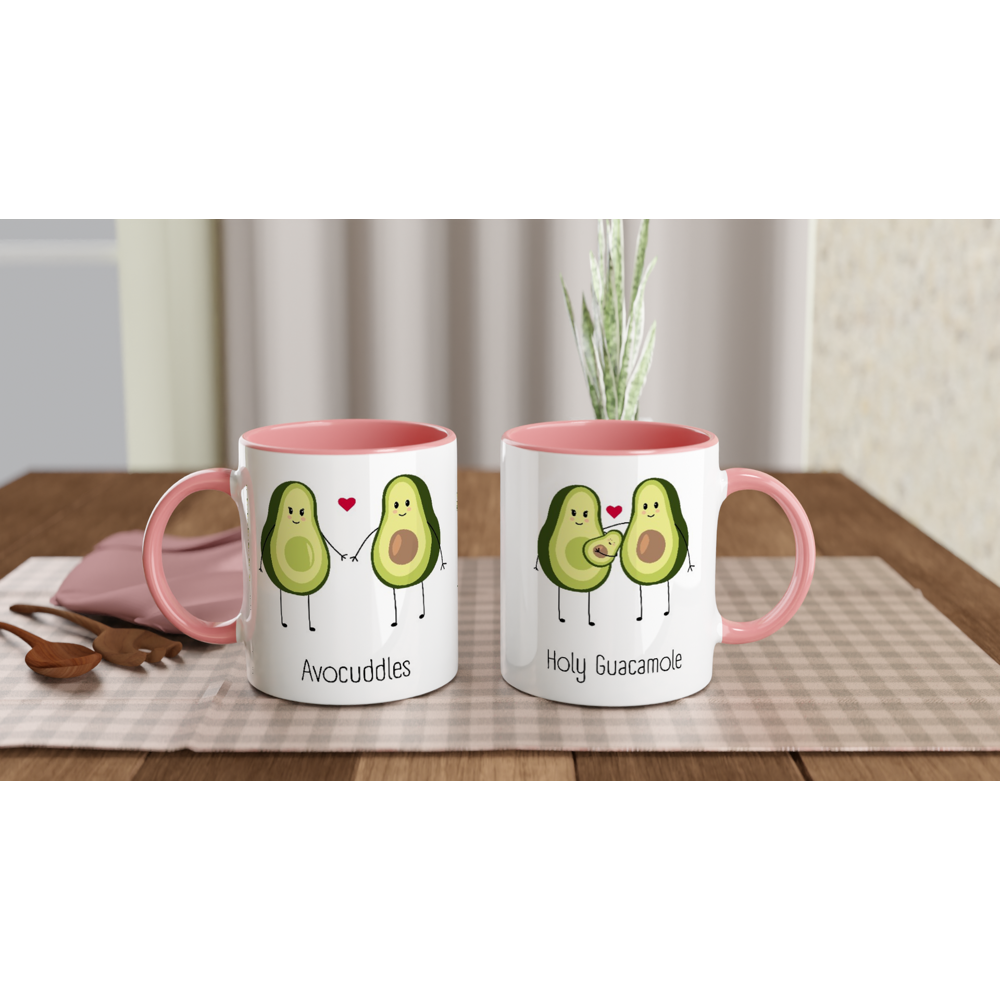 Avocuddles, Holy Guacamole - White 11oz Ceramic Mug with Colour Inside ceramic pink Colour 11oz Mug Globally Fulfilled Love