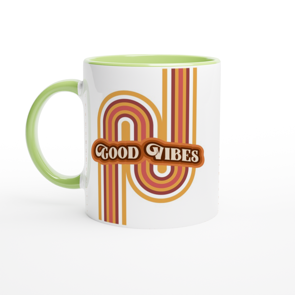 Good Vibes - White 11oz Ceramic Mug with Colour Inside ceramic green Colour 11oz Mug Globally Fulfilled Retro