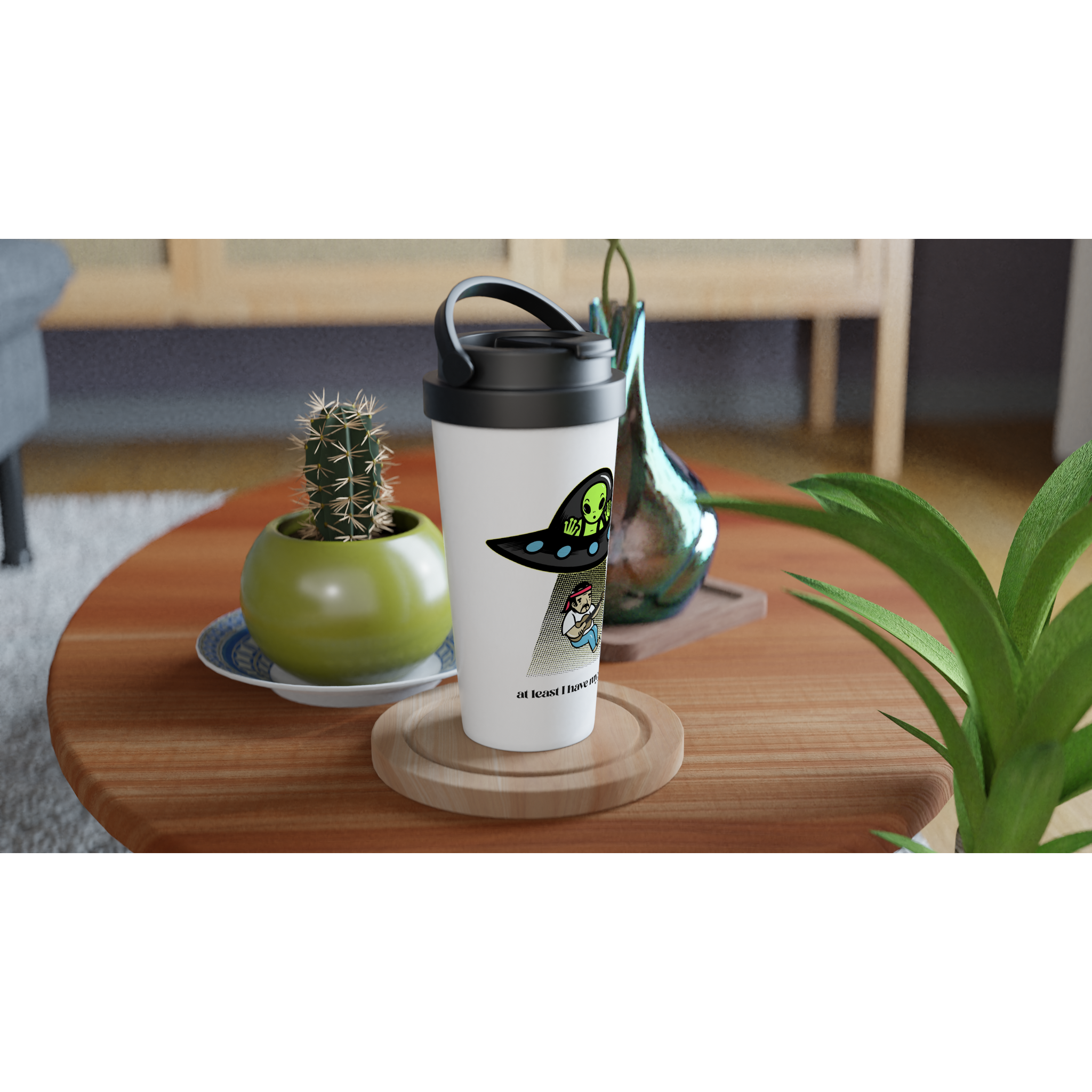 Guitarist Alien Abduction - White 15oz Stainless Steel Travel Mug Travel Mug Globally Fulfilled Music Sci Fi