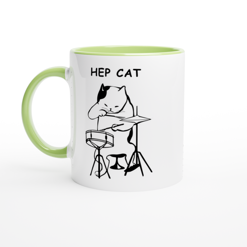 Hep Cat - White 11oz Ceramic Mug with Colour Inside ceramic green Colour 11oz Mug animal Globally Fulfilled Music