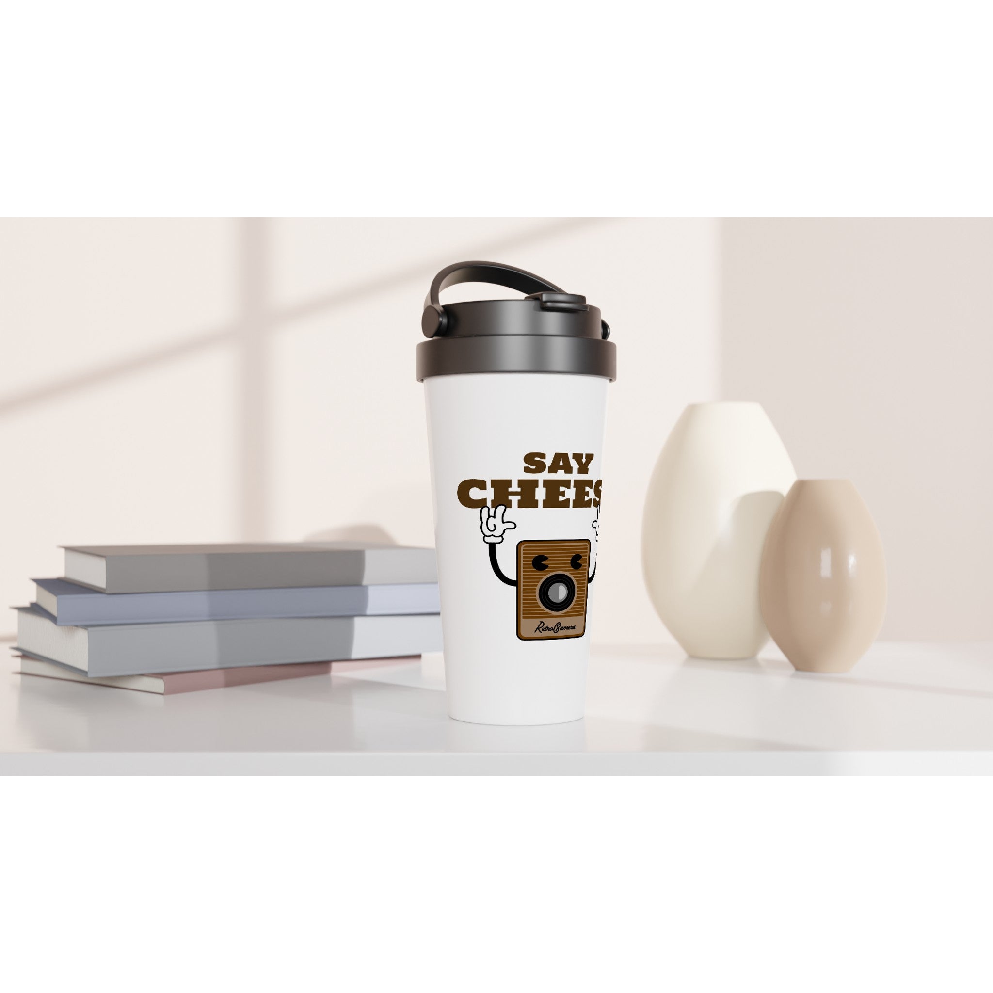 Say Cheese, Retro Camera - White 15oz Stainless Steel Travel Mug Travel Mug Globally Fulfilled Retro Tech