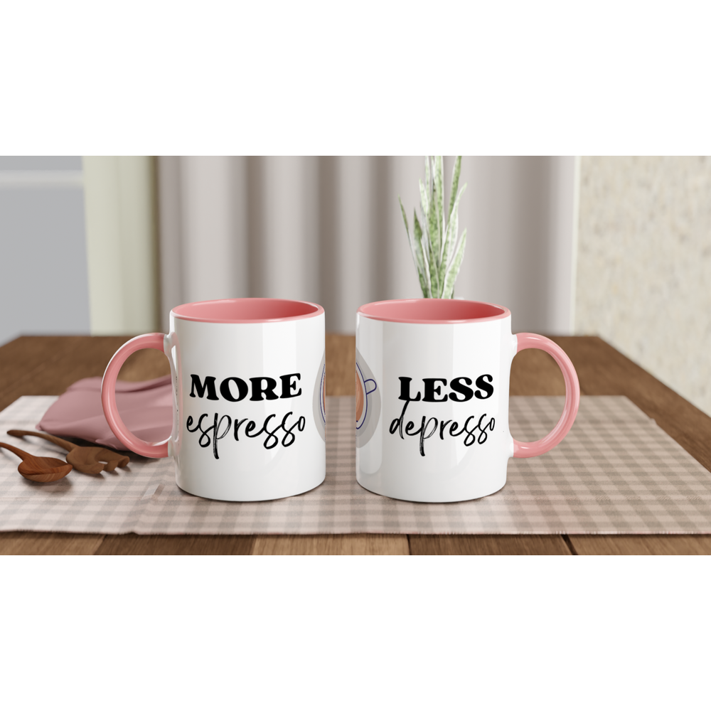 More Espresso, Less Depresso - White 11oz Ceramic Mug with Colour Inside Colour 11oz Mug Coffee Globally Fulfilled