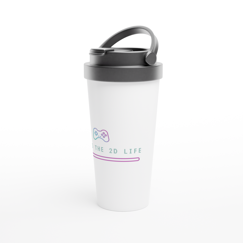 Living The 2D Life - White 15oz Stainless Steel Travel Mug Travel Mug Games Globally Fulfilled Tech