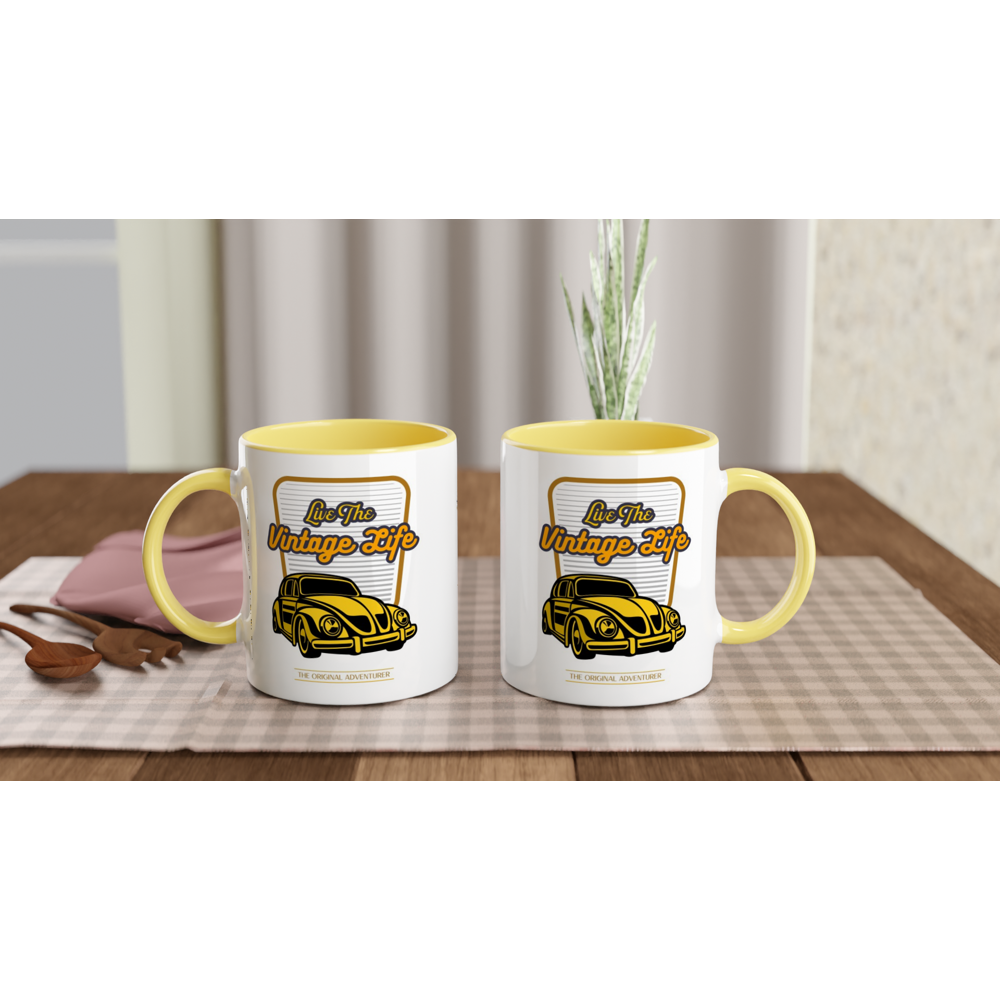 Live The Vintage Life - White 11oz Ceramic Mug with Colour Inside Colour 11oz Mug Globally Fulfilled Retro