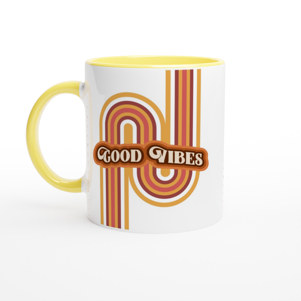 Good Vibes - White 11oz Ceramic Mug with Colour Inside ceramic yellow Colour 11oz Mug Globally Fulfilled Retro