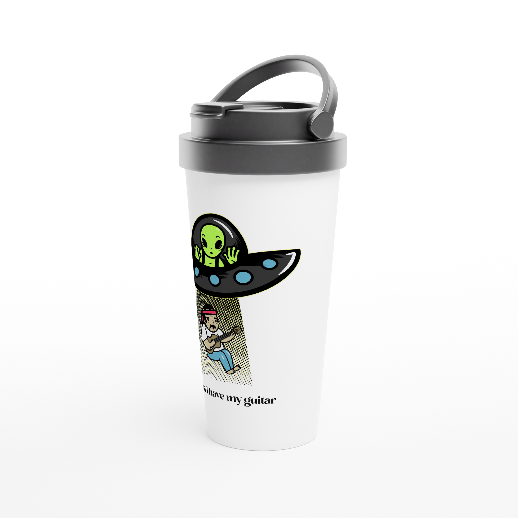 Guitarist Alien Abduction - White 15oz Stainless Steel Travel Mug Travel Mug Globally Fulfilled Music Sci Fi