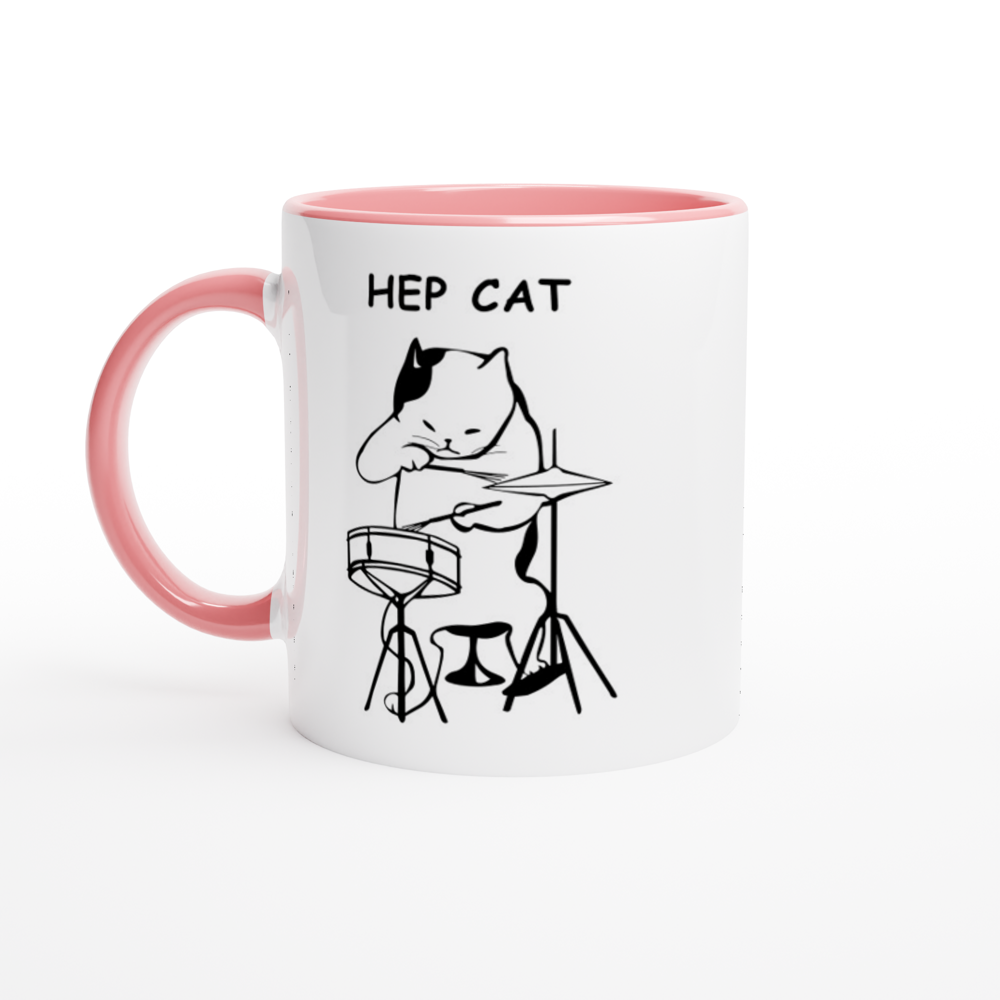 Hep Cat - White 11oz Ceramic Mug with Colour Inside ceramic pink Colour 11oz Mug animal Globally Fulfilled Music