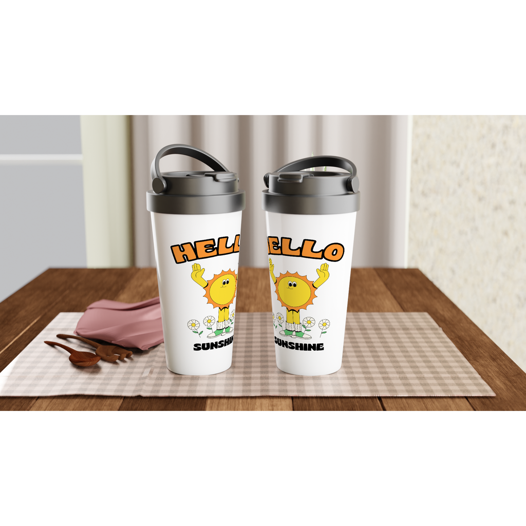 Hello Sunshine - White 15oz Stainless Steel Travel Mug Travel Mug Globally Fulfilled Retro Summer