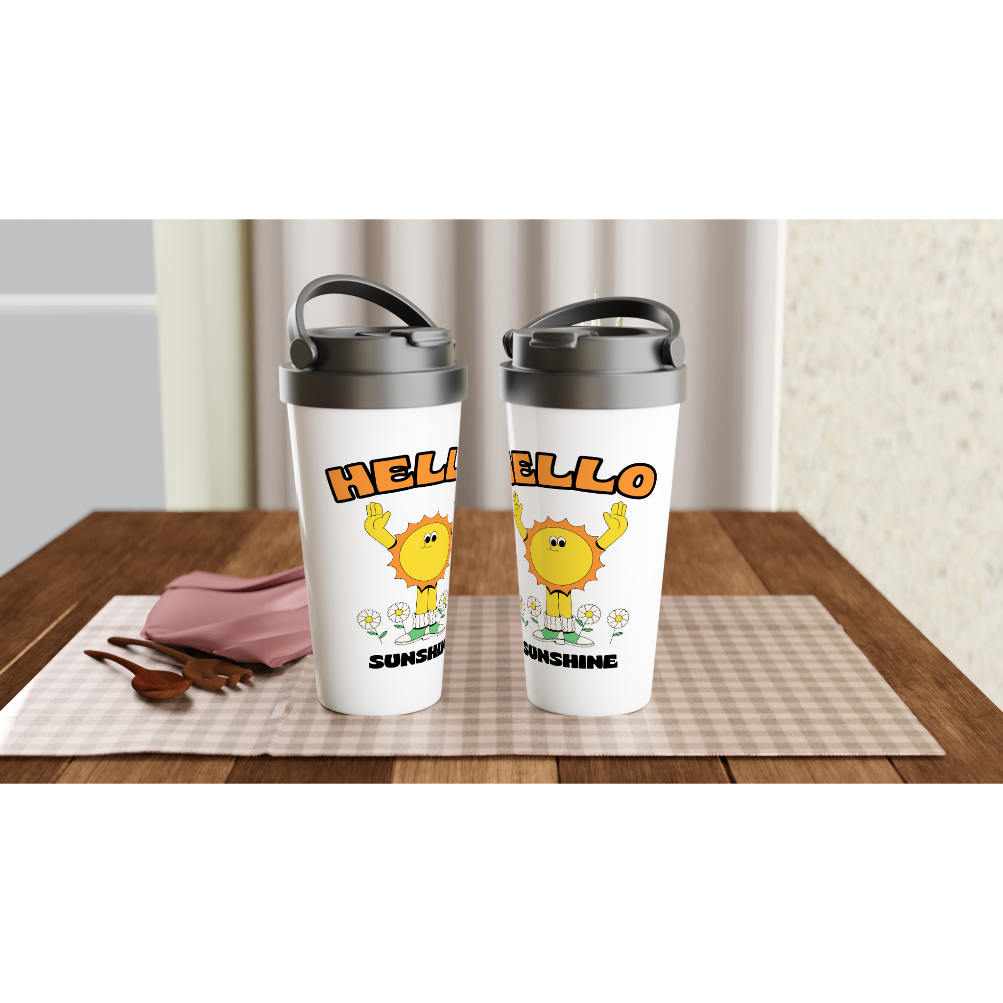 Hello Sunshine - White 15oz Stainless Steel Travel Mug Travel Mug Globally Fulfilled Retro Summer