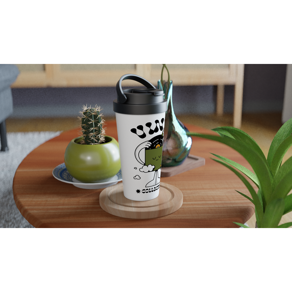 Vinyl Collector - White 15oz Stainless Steel Travel Mug Travel Mug Globally Fulfilled Music Retro