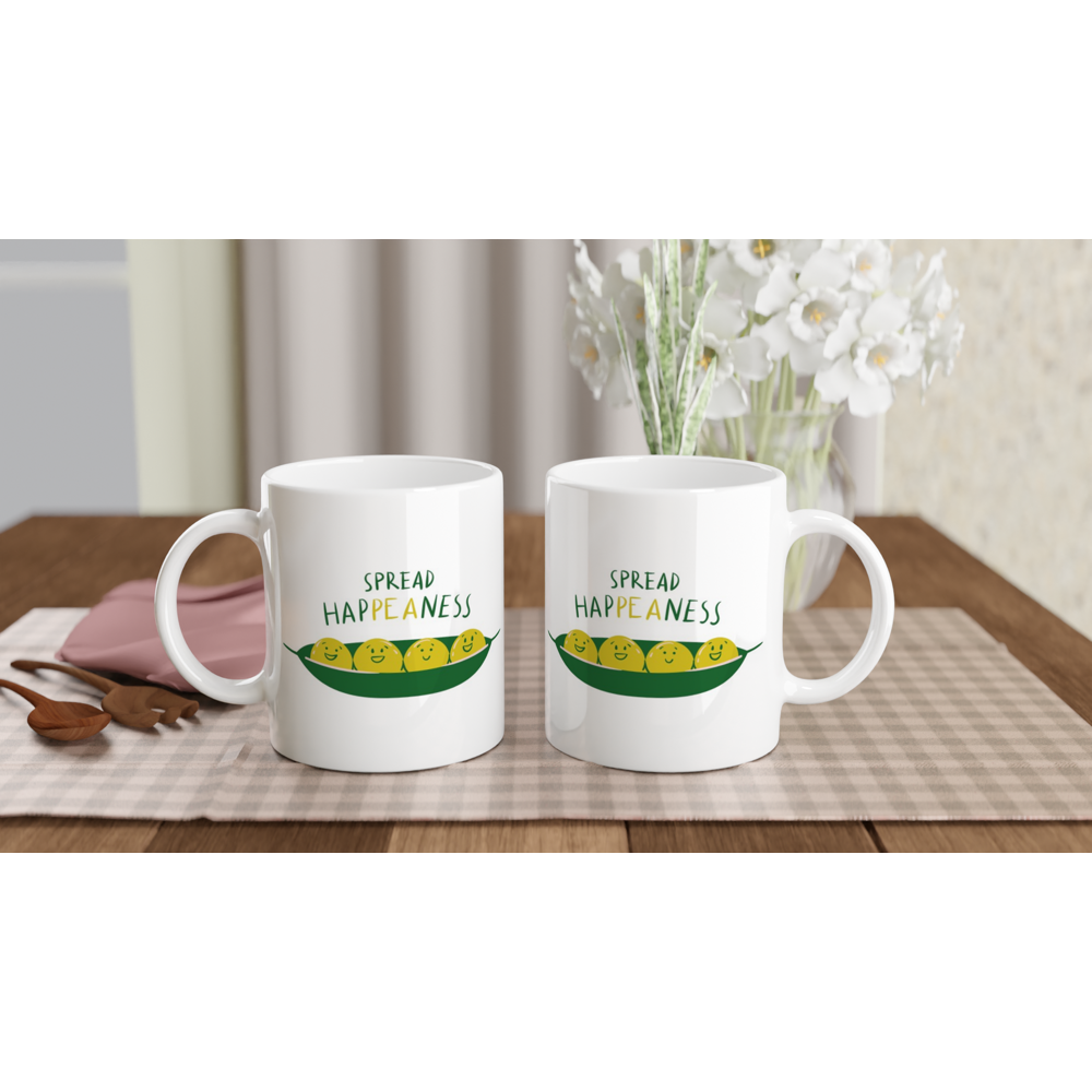 Spread Hap-pea-ness - White 11oz Ceramic Mug White 11oz Mug Globally Fulfilled Motivation
