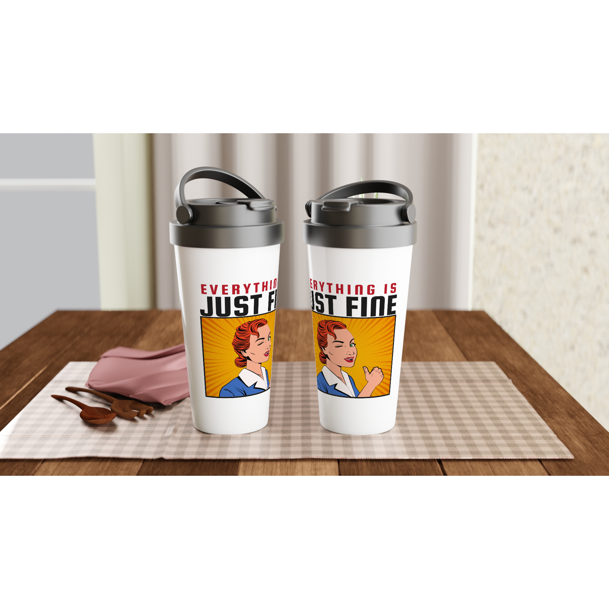 Everything Is Just Fine - White 15oz Stainless Steel Travel Mug Travel Mug comic Globally Fulfilled Retro