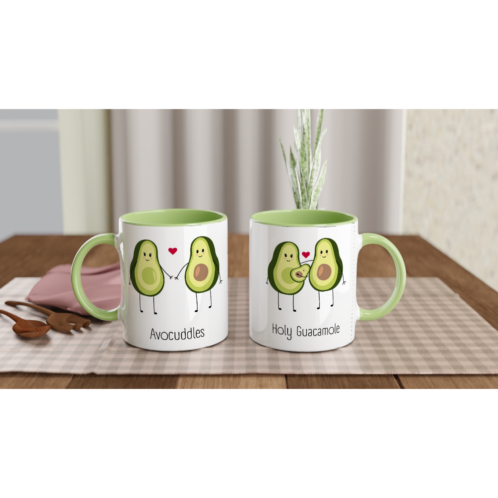 Avocuddles, Holy Guacamole - White 11oz Ceramic Mug with Colour Inside ceramic green Colour 11oz Mug Globally Fulfilled Love