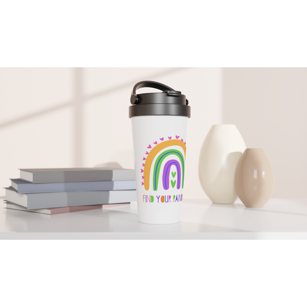 Find Your Rainbow - White 15oz Stainless Steel Travel Mug Travel Mug Globally Fulfilled Motivation