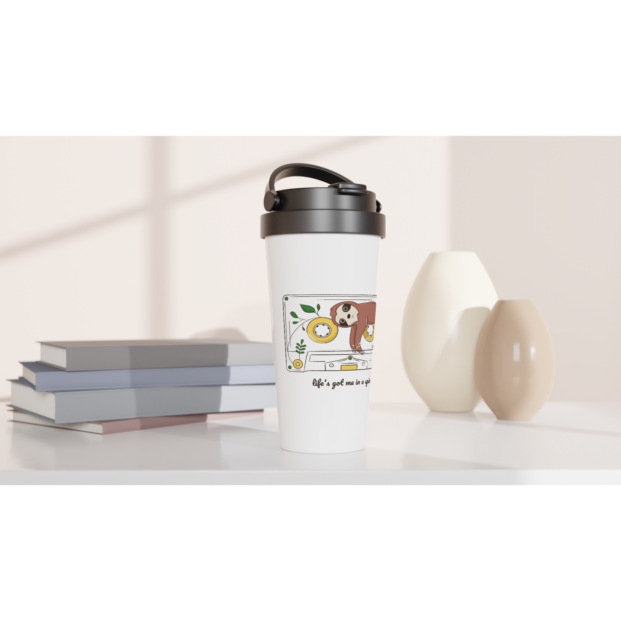 Cassette, Life's Got Me In A Spin - White 15oz Stainless Steel Travel Mug Travel Mug animal Globally Fulfilled Music Retro