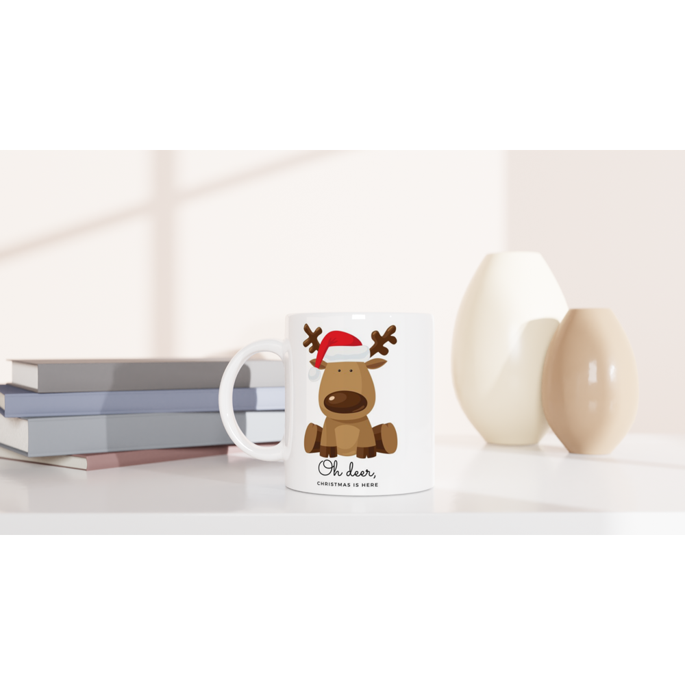 Oh Deer, Christmas Is Here - White 11oz Ceramic Mug Christmas Mug Globally Fulfilled