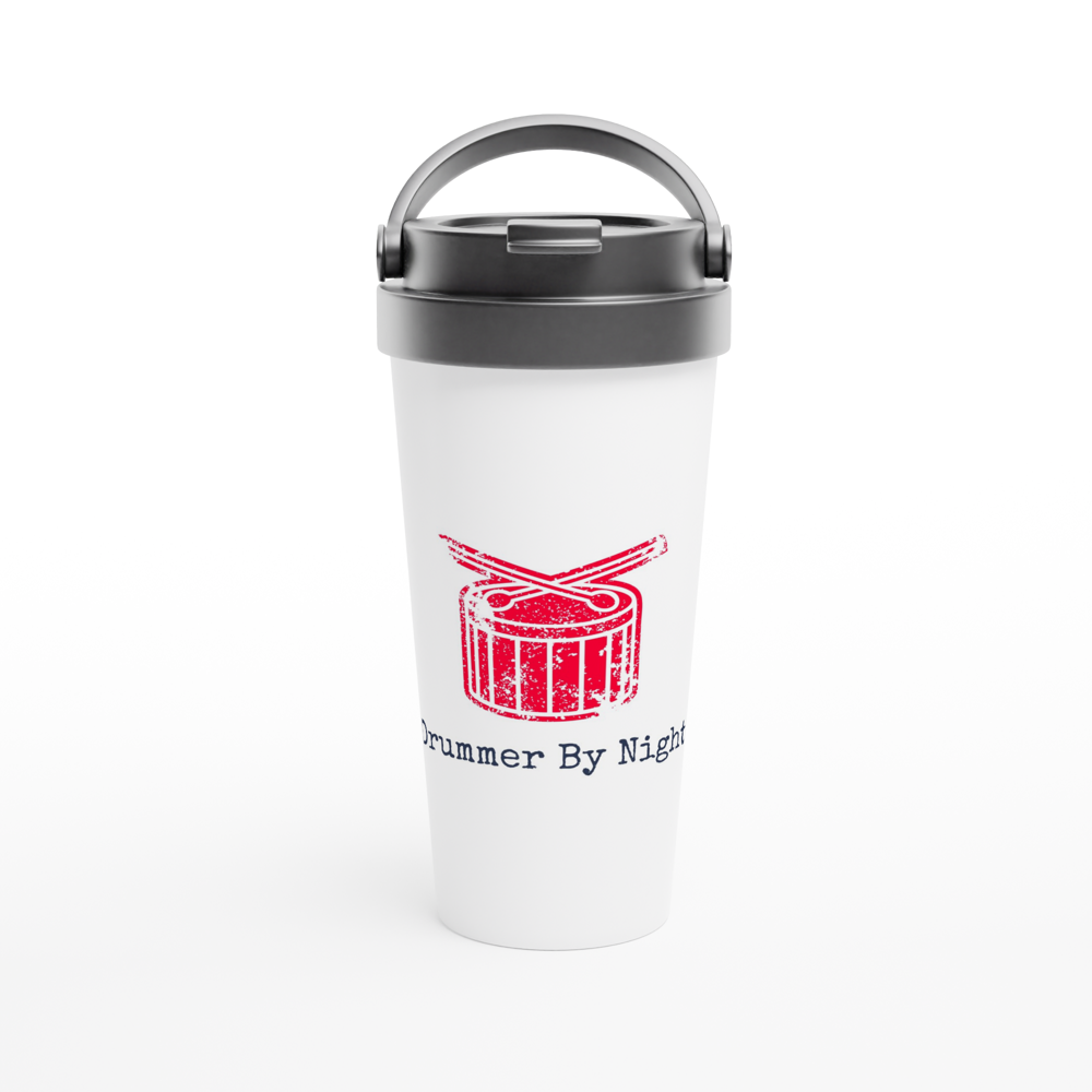 Drummer By Night - White 15oz Stainless Steel Travel Mug White 15oz Stainless Steel Travel Mug Travel Mug Globally Fulfilled Music