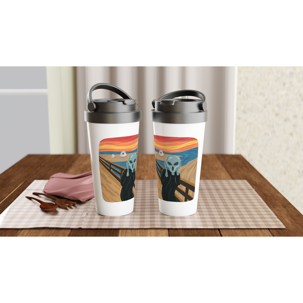 Alien Scream - White 15oz Stainless Steel Travel Mug Travel Mug Globally Fulfilled Sci Fi