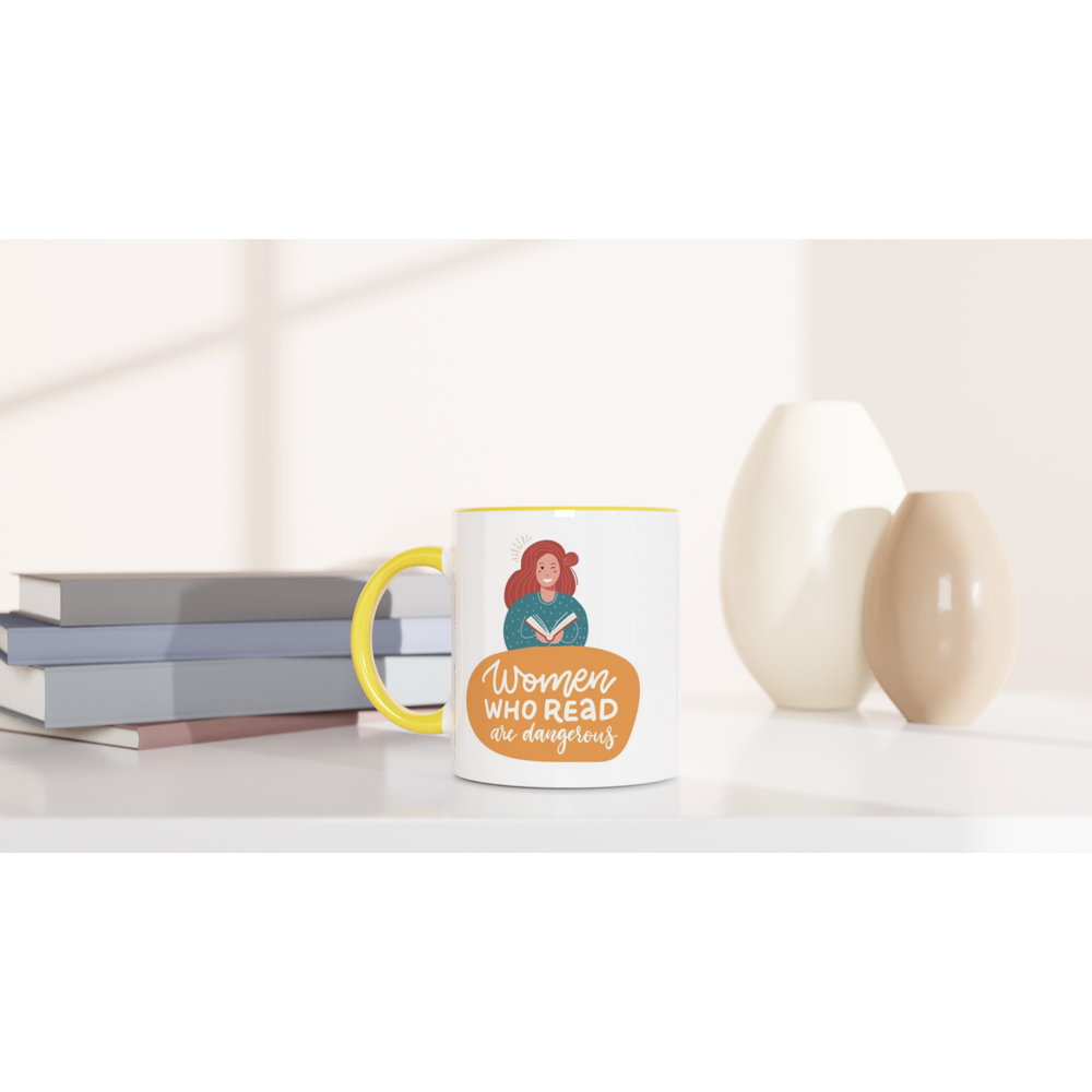 Women Who Read Are Dangerous - White 11oz Ceramic Mug with Colour Inside Colour 11oz Mug Globally Fulfilled Reading