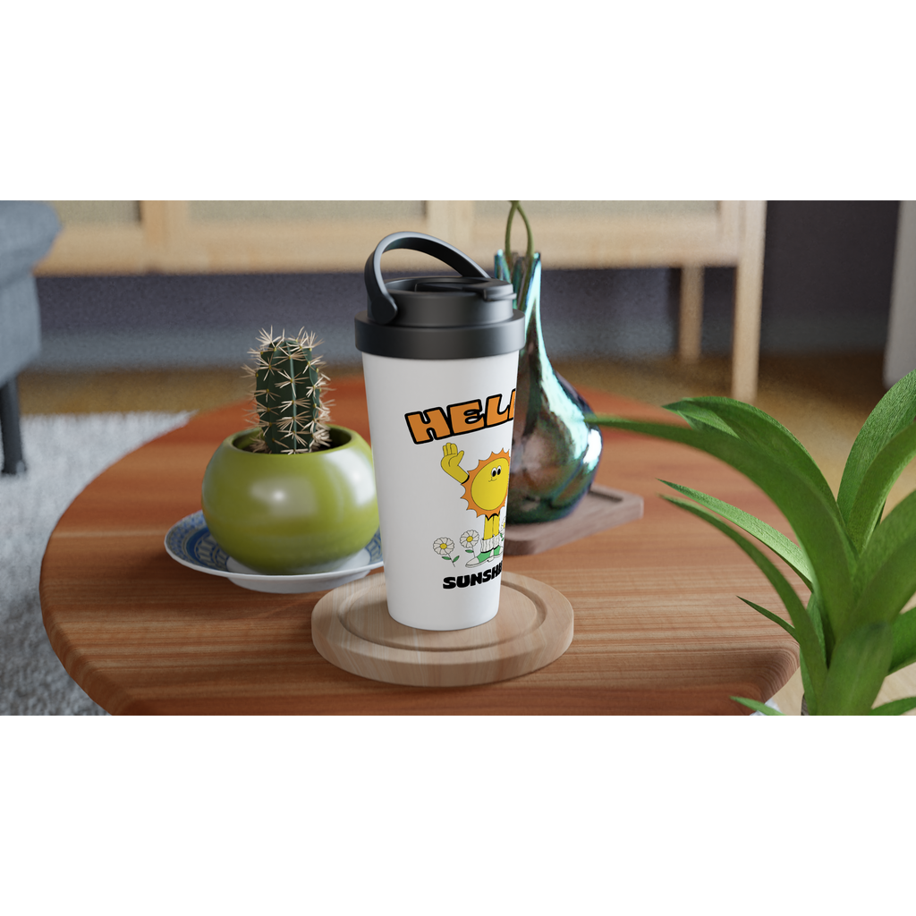 Hello Sunshine - White 15oz Stainless Steel Travel Mug Travel Mug Globally Fulfilled Retro Summer