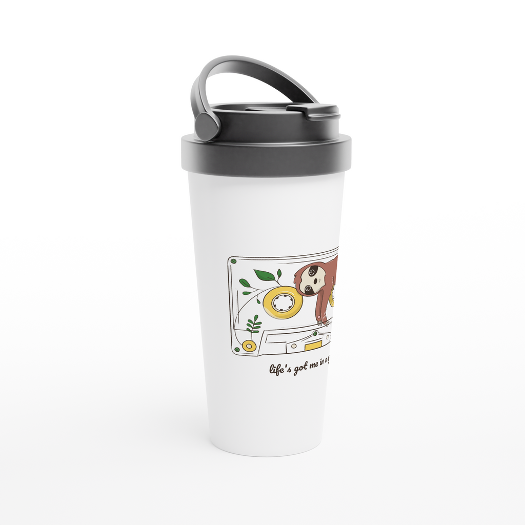 Cassette, Life's Got Me In A Spin - White 15oz Stainless Steel Travel Mug Travel Mug animal Globally Fulfilled Music Retro