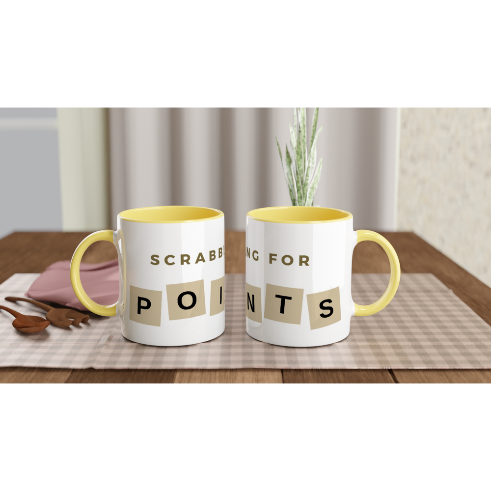 Scrabbling For Points - White 11oz Ceramic Mug with Colour Inside ceramic yellow Colour 11oz Mug Games Globally Fulfilled
