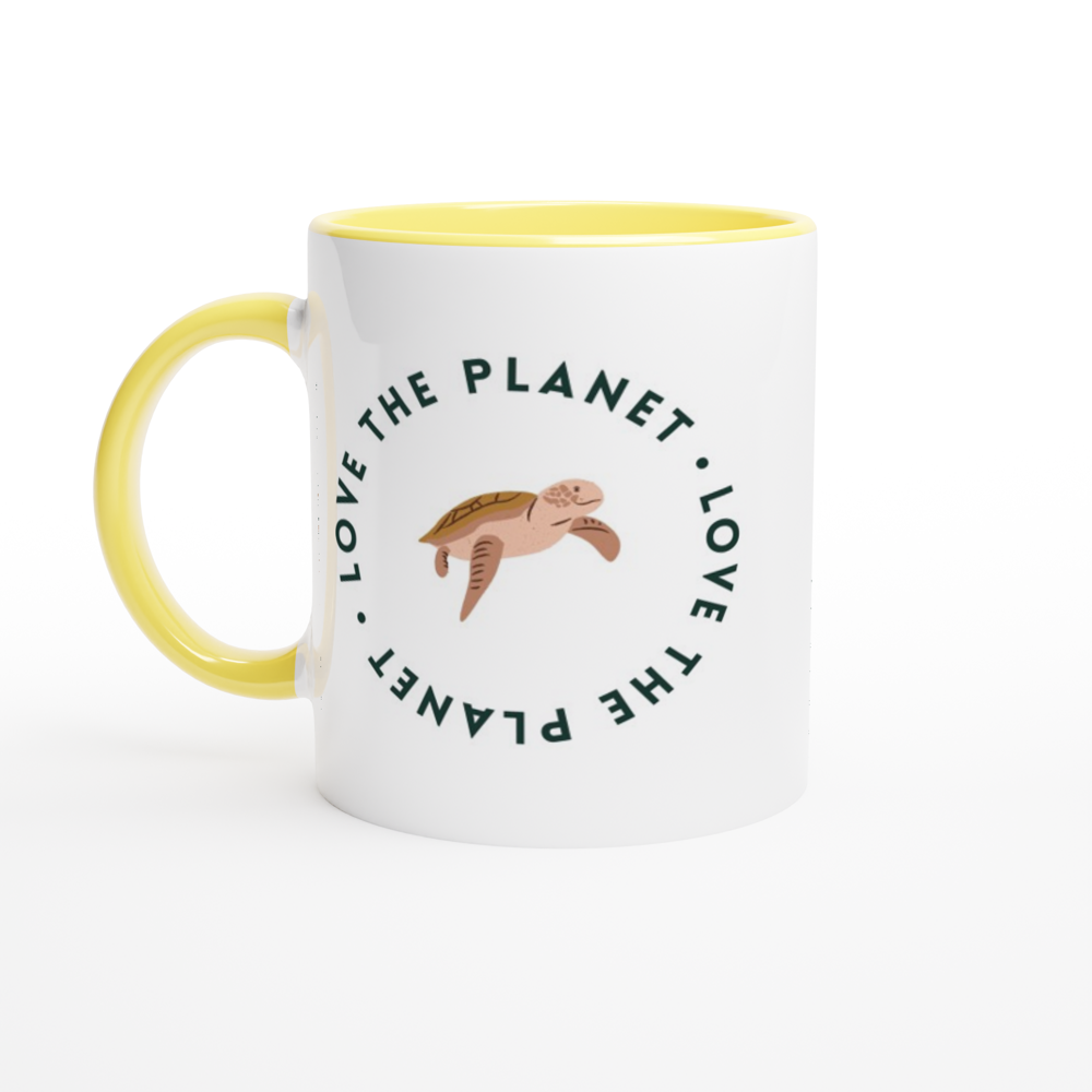 Love The Planet - White 11oz Ceramic Mug with Colour Inside ceramic yellow Colour 11oz Mug Environment Globally Fulfilled