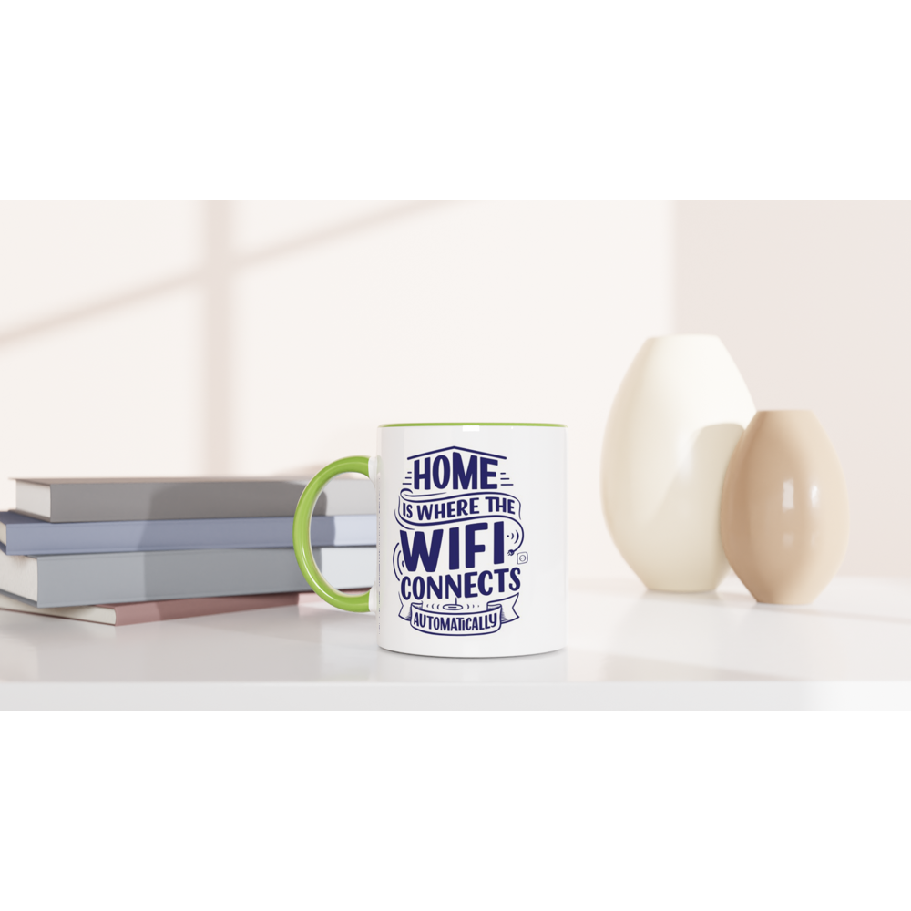 Home Is Where The WIFI Connects Automatically - White 11oz Ceramic Mug with Colour Inside Colour 11oz Mug Globally Fulfilled Tech