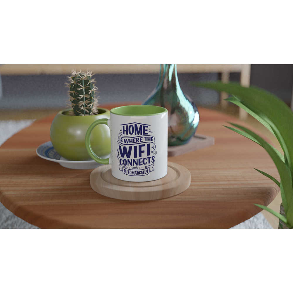 Home Is Where The WIFI Connects Automatically - White 11oz Ceramic Mug with Colour Inside Colour 11oz Mug Globally Fulfilled Tech