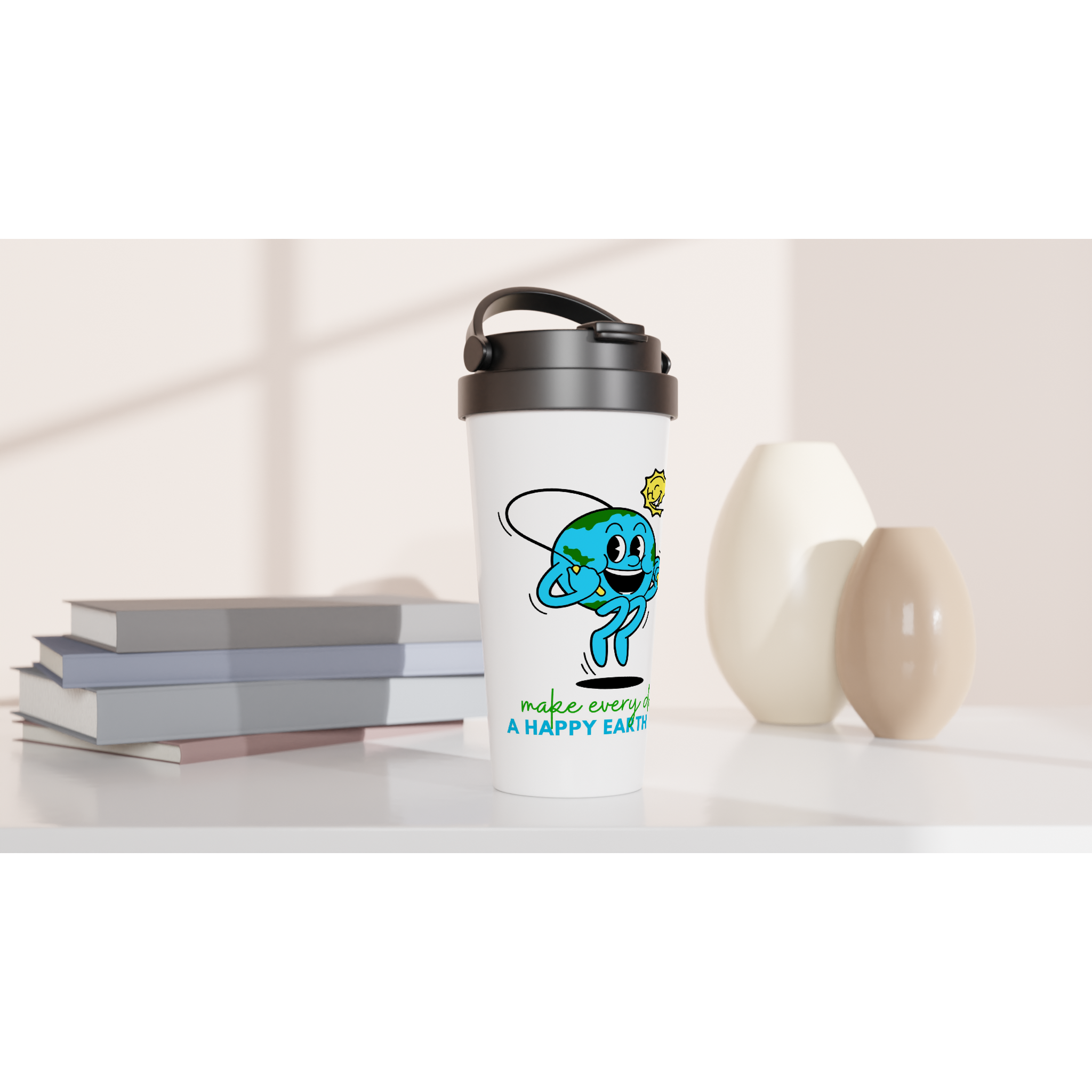 Make Every Day A Happy Earth Day - White 15oz Stainless Steel Travel Mug Travel Mug Environment Globally Fulfilled