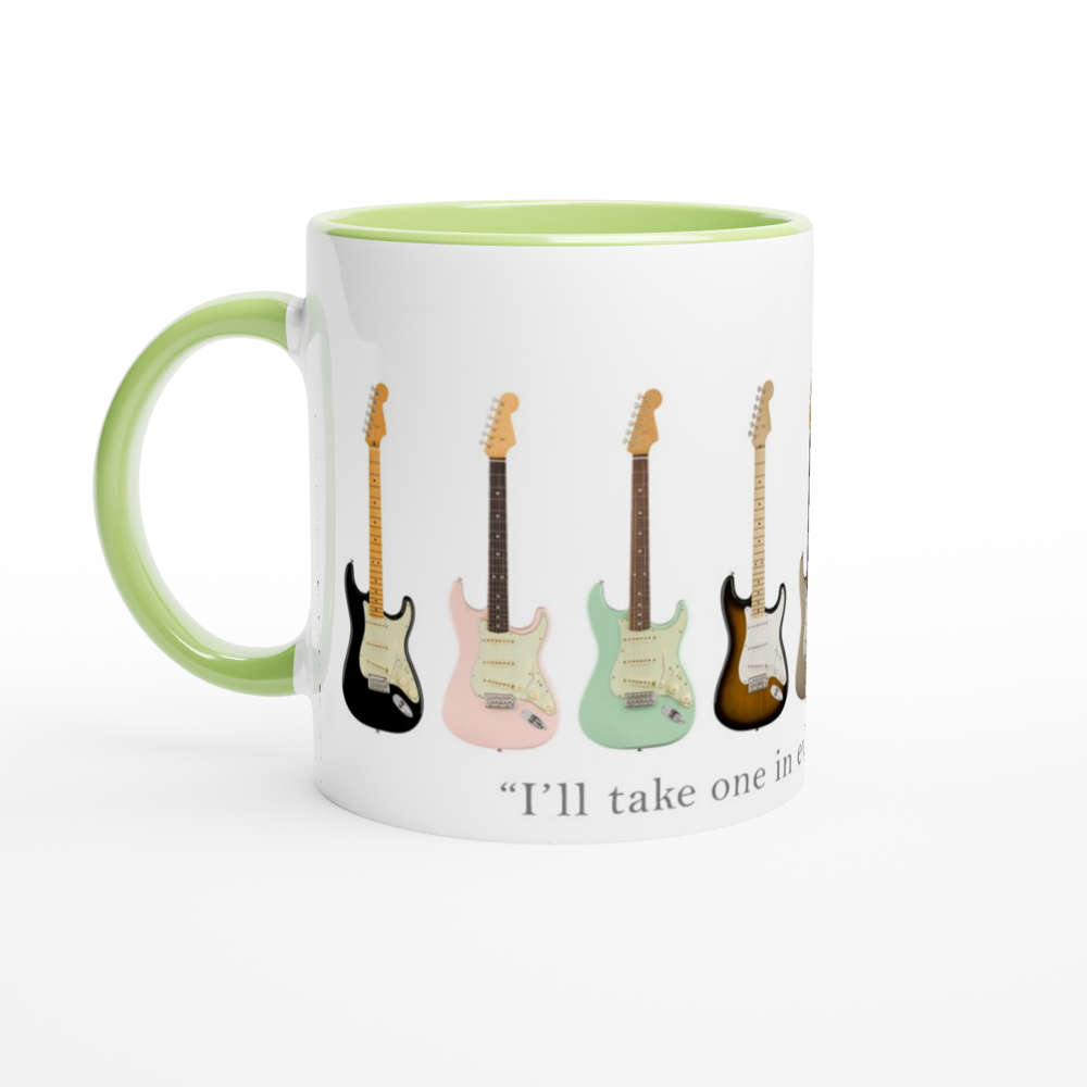 Guitars In Every Colour - White 11oz Ceramic Mug with Colour Inside ceramic green Colour 11oz Mug Globally Fulfilled Music