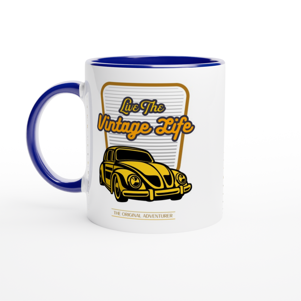 Live The Vintage Life - White 11oz Ceramic Mug with Colour Inside ceramic blue Colour 11oz Mug Globally Fulfilled Retro