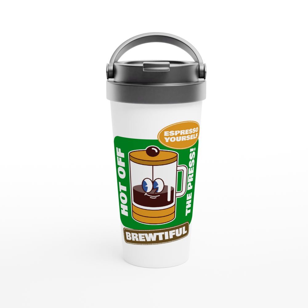 Brewtiful, Espresso Yourself - White 15oz Stainless Steel Travel Mug Mugs, White 15oz Stainless Steel Travel Mug Travel Mug Coffee Globally Fulfilled