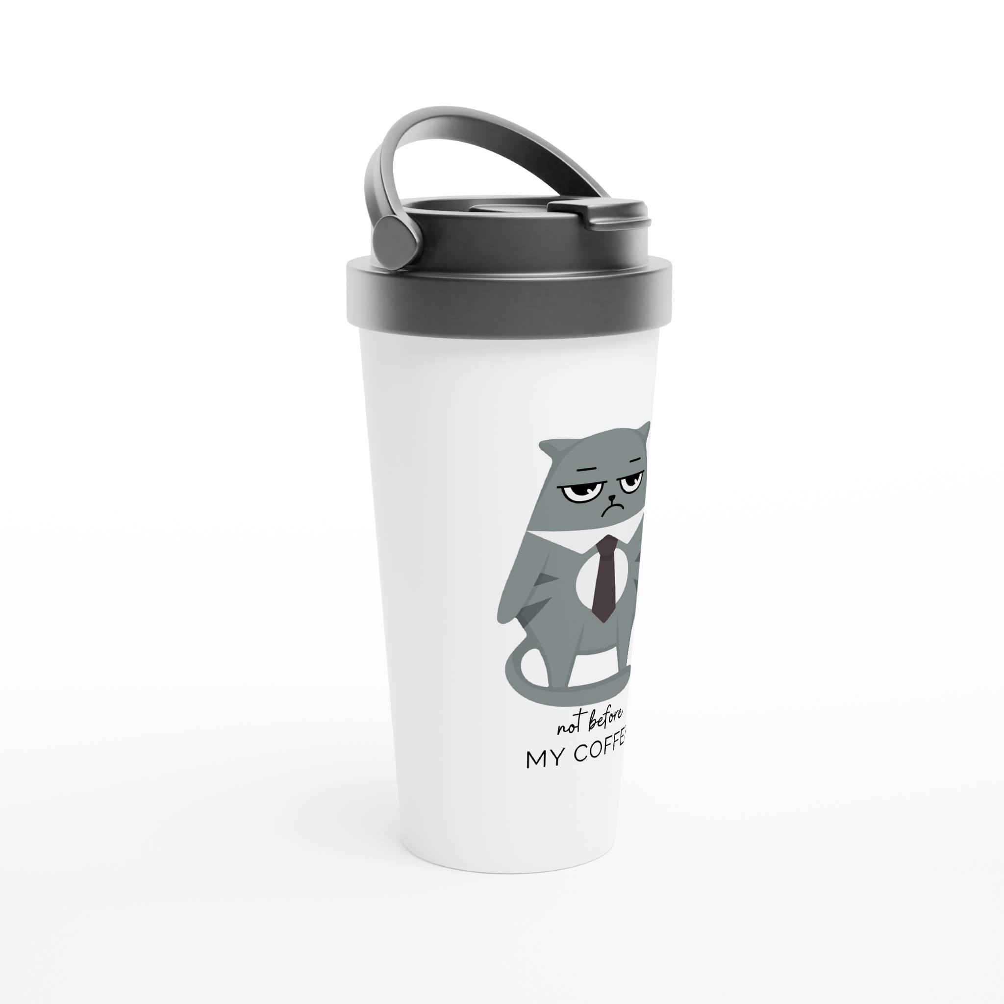 Not Before My Coffee, Cranky Cat - White 15oz Stainless Steel Travel Mug Travel Mug Globally Fulfilled