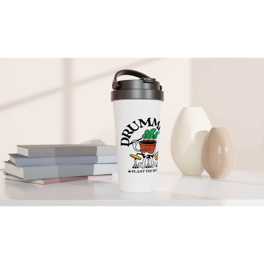 Drummers - White 15oz Stainless Steel Travel Mug Travel Mug Globally Fulfilled Music Plants