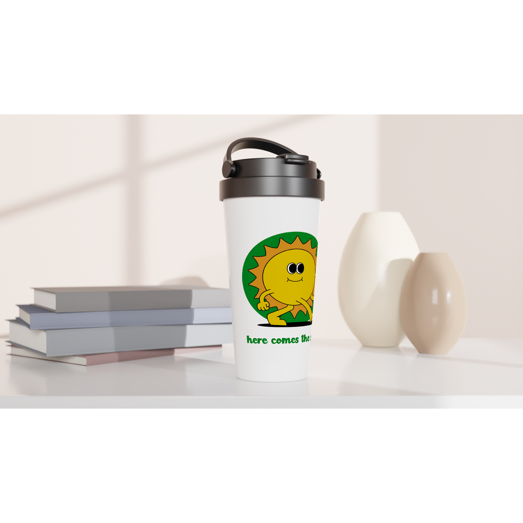 Here Comes The Sun - White 15oz Stainless Steel Travel Mug Travel Mug Globally Fulfilled Retro Summer
